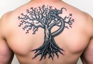 tree of life with roots absorbing a dragons tale while the dragon eats the top of the tree tattoo idea