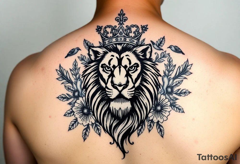 powerful majestic lion with a crown, surrounded by floral ornaments and birds tattoo idea