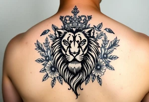 powerful majestic lion with a crown, surrounded by floral ornaments and birds tattoo idea