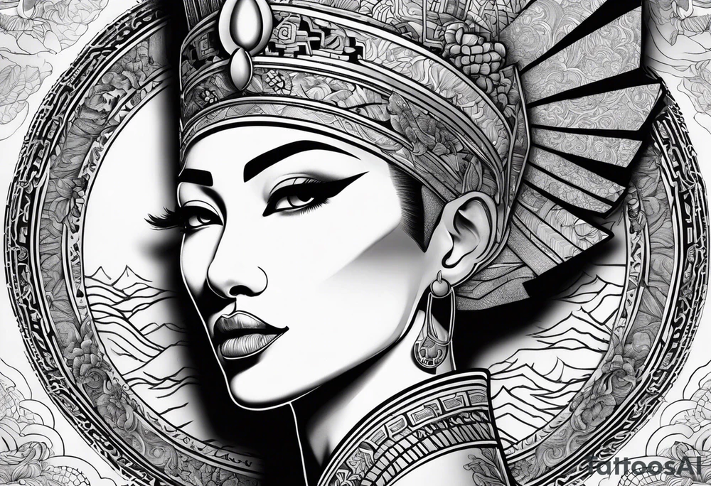 nerfertiti with asian style, dragon to cover half arm tattoo idea