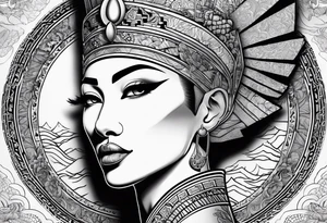 nerfertiti with asian style, dragon to cover half arm tattoo idea