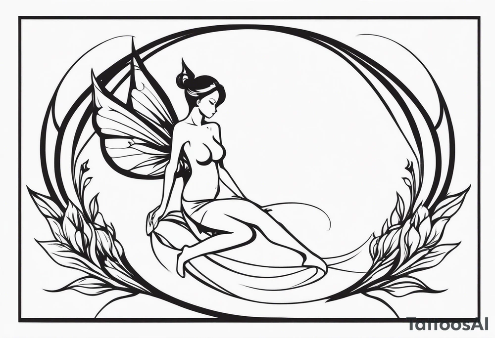 Minimalistic, monochromatic fairy with a tail flying to the left in a fetal position, leaning and looking in the same direction, with visible hands, embodying the 'Fairy Tail' logo aesthetic. tattoo idea