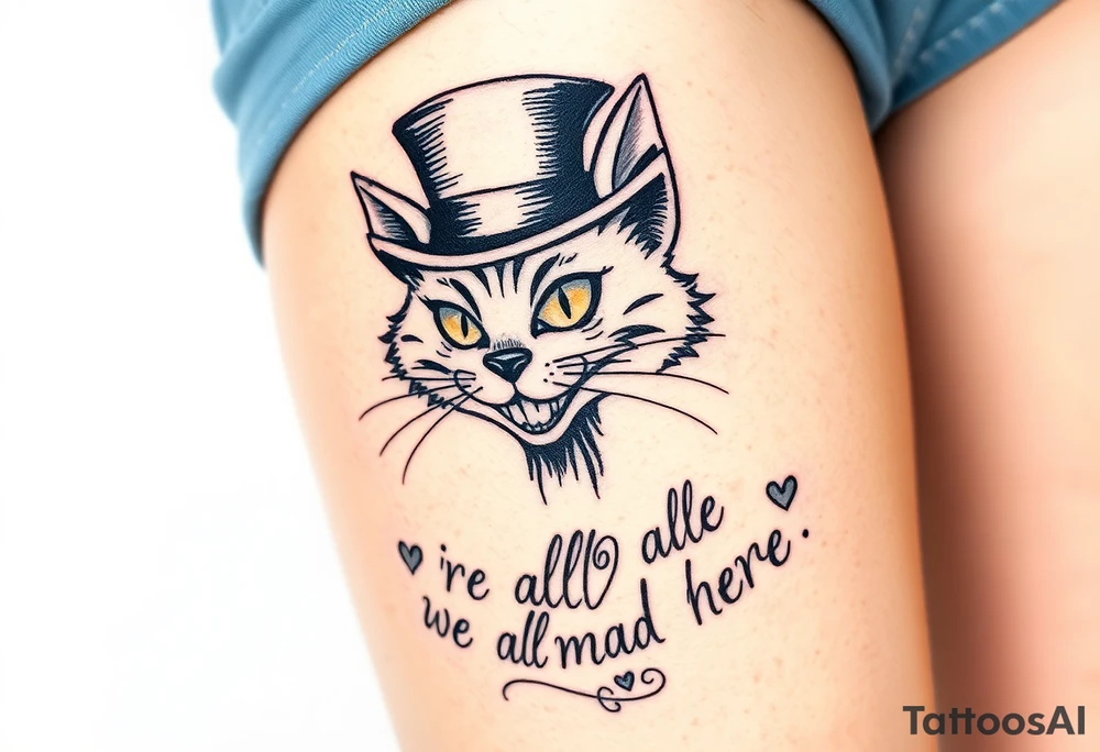 Cheshire cat, Alice in Wonderland,  we are all mad here, top hat tattoo idea