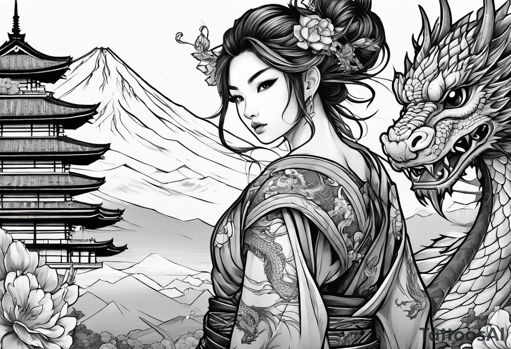 warrior beautiful fairy nymph with a full body with a sword and a full dragon with a mountain with clouds and a Japanese building background tattoo idea