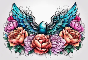 beautiful angel wings with floral peonies, roses, neon, brightly colored. highly detailed, tattoo idea