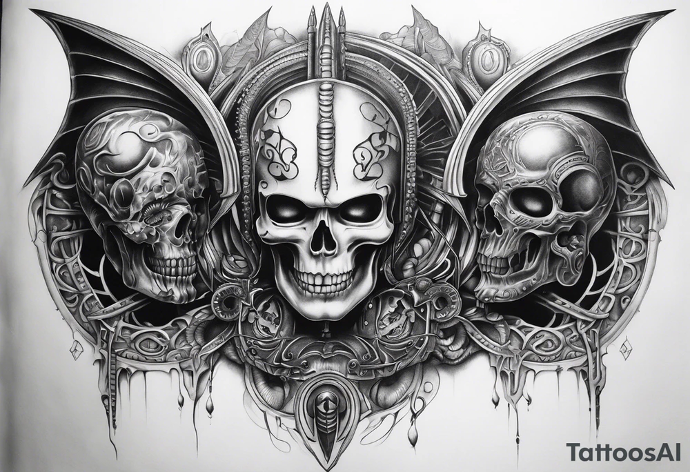 H.R Giger style thigh tattoo with skulls tattoo idea