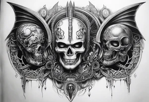 H.R Giger style thigh tattoo with skulls tattoo idea