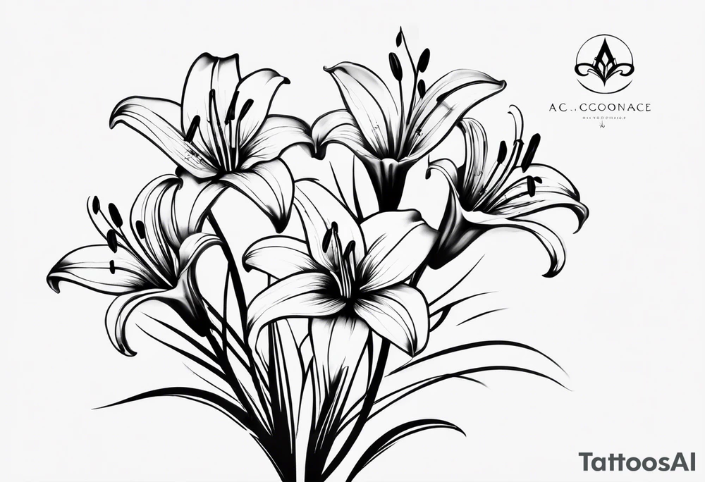 I'm looking for a tattoo design featuring tiger lilies with the initials 'SAC' incorporated into the stems. I envision a black and white style, sleek and minimalist, with clean lines and shading for depth.
Could you recreate this concept with your artistic touch? tattoo idea