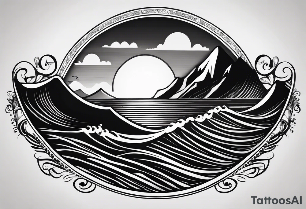 The letters "Pura Vida" forming the gentle curves of ocean waves, with the "i" in "Vida" extending into a mountain peak. The sun could be subtly incorporated above the letters. It creates a harmonious blend of nature and the phrase. tattoo idea