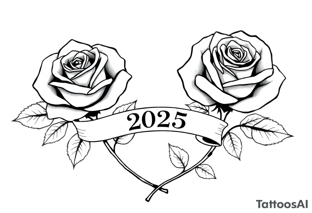 two beautiful large rose buds, one larger than the other, with many leaves next to the rose buds, with one sitting higher than the other. Include a banner connecting the two roses with the year "2025" on it.   Use dark outlines with little shading. The two stems should be short, not long, and connect and join into one stem, whimsically curved or twisted - not straight down. tattoo idea