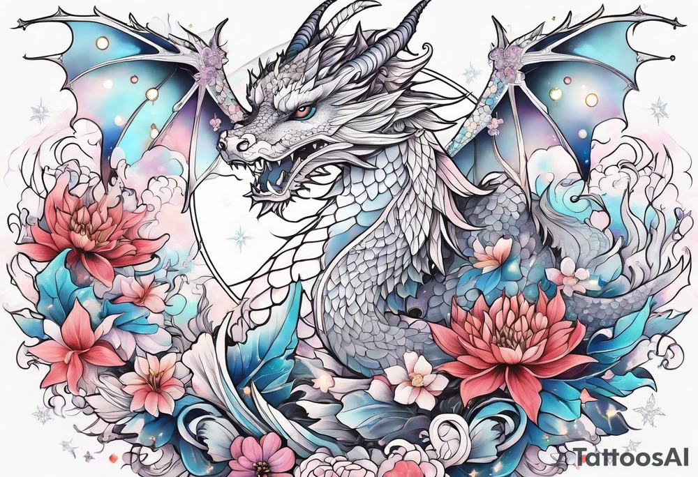 Constellation, wing , snow , cross , dragon female japan kawaii , flower tattoo idea