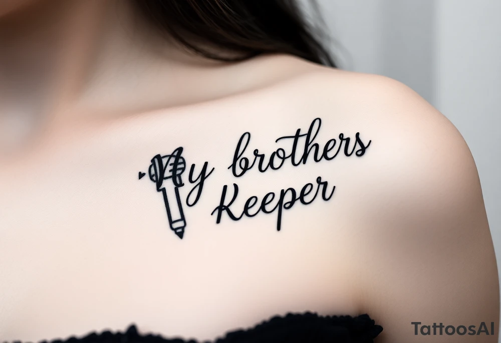 A microphone with the words “My brothers keeper” with the microphone cord looking like it’s actually writing the words . For a female and small tattoo idea