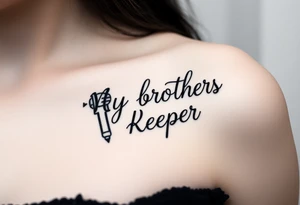 A microphone with the words “My brothers keeper” with the microphone cord looking like it’s actually writing the words . For a female and small tattoo idea