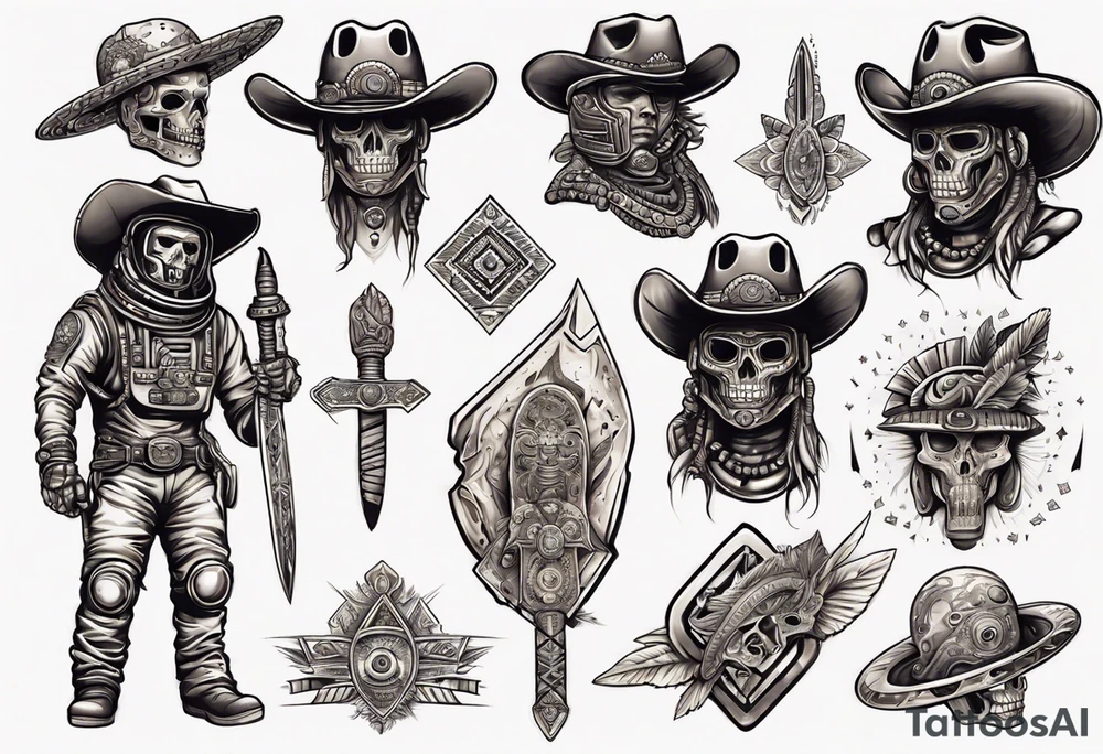 spaceman with a cowboy hat holding a aztec sword tattoo idea