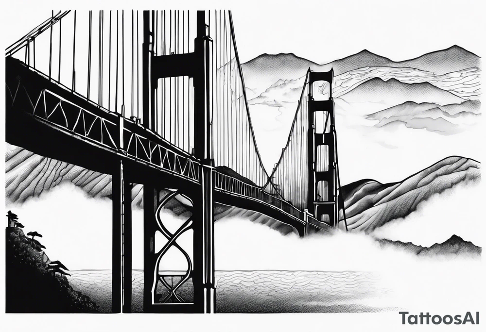 Golden Gate Bridge with fog rolling in with Marin hills in the background tattoo idea