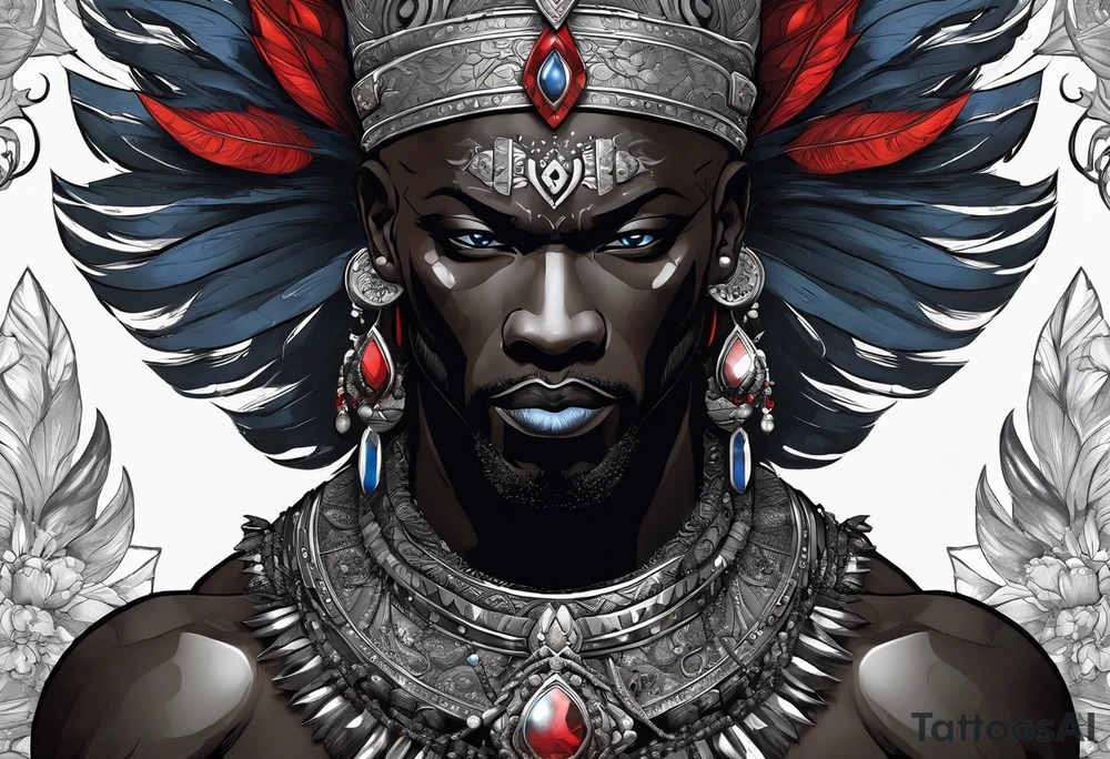 An african god, a bald black-skinned warrior, that uses a sword and a silver crown. He also uses blue and red necklaces tattoo idea