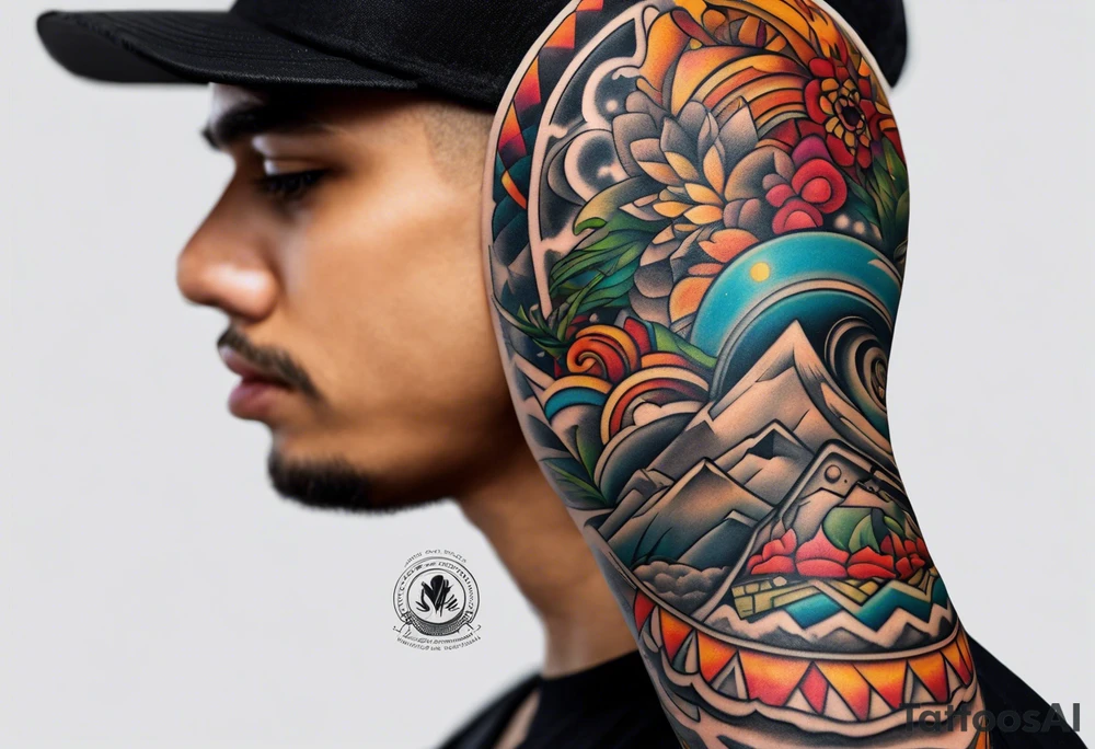 Arm sleeve inspired by Mexican American imagery and space tattoo idea