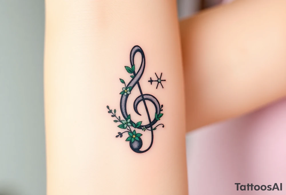 A treble clef with intricate floral vines, wrapping around the staff in soft green and lavender tones tattoo idea