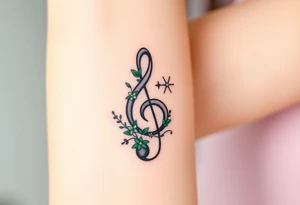 A treble clef with intricate floral vines, wrapping around the staff in soft green and lavender tones tattoo idea