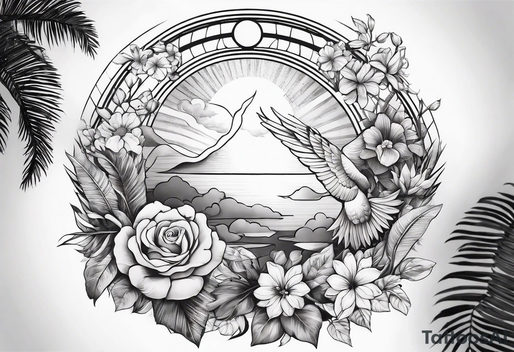 arm sleeve, clouds, dove, sun, flowers, palm trees, tattoo idea