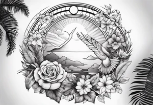 arm sleeve, clouds, dove, sun, flowers, palm trees, tattoo idea