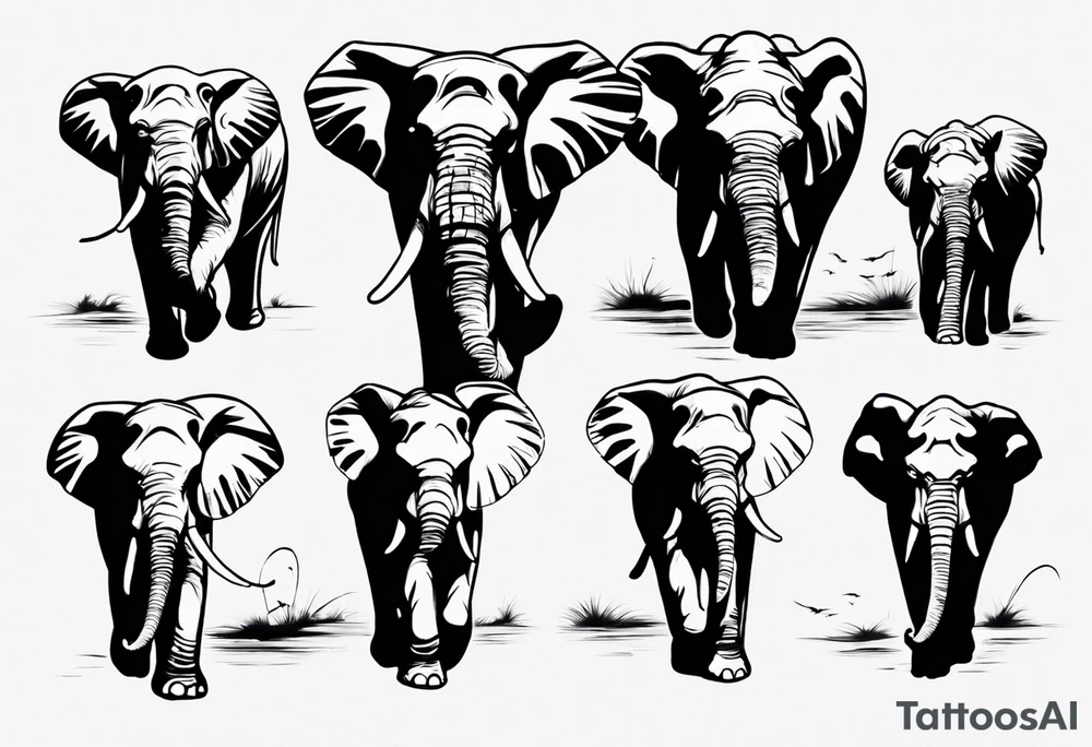 family of 6 elephants walking into sunset tattoo idea