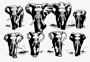 family of 6 elephants walking into sunset tattoo idea