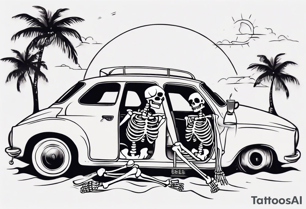 A skeleton sitting in a car on the beach drinking a beer tattoo idea A skeleton sitting in a car on the beach drinking a beer tattoo idea