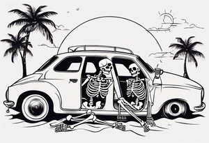 A skeleton sitting in a car on the beach drinking a beer tattoo idea
