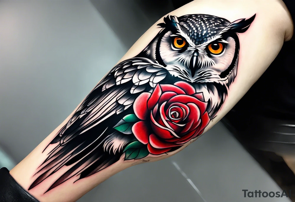 Forearm tattoo Color one Owl with three red roses tattoo idea