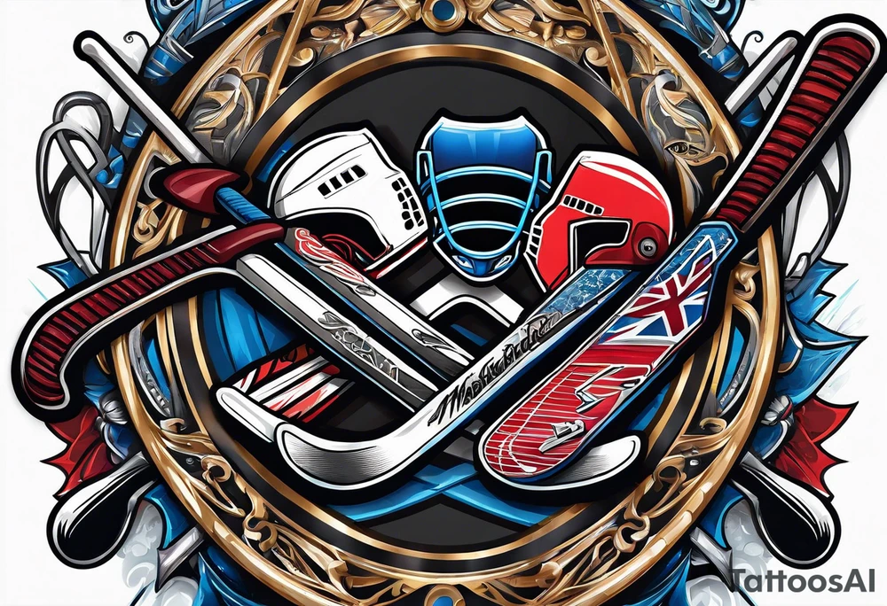 crossed ice hockey sticks with sports equipment tattoo idea