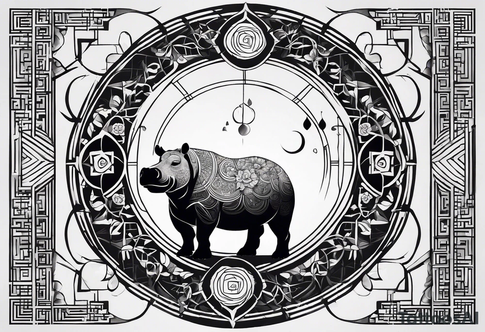 Very asymmetrical, +geometric pattern, with realistic full moon, with seeious looking hippo, +zen feel, + Buddhism touch, +tribal, +geometric
with wintersweet flower bud, +portrait orientation, +inkart touch, tattoo idea