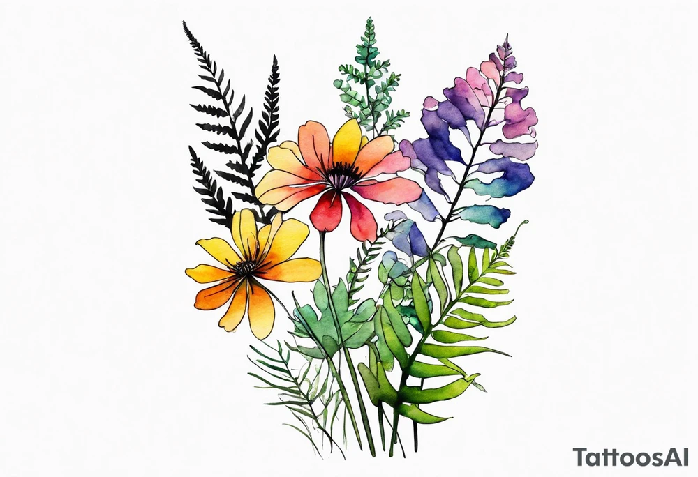 Multi colored wild flowers long stems bouquet with ferns all watercolor tattoo idea