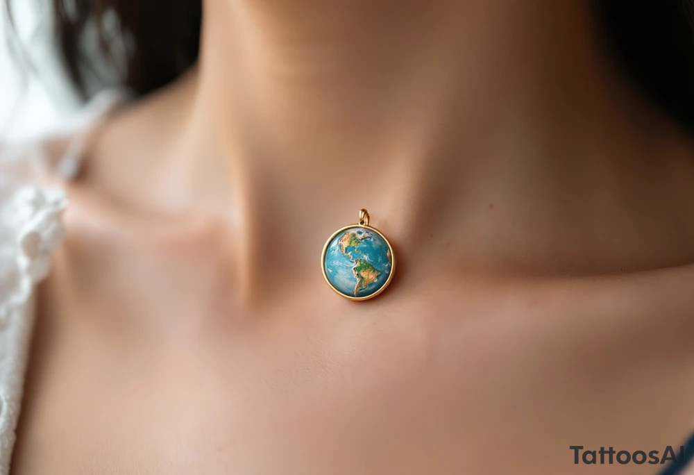A tiny Earth in subtle sky blue and seafoam green is encased in a thin gold ring like a pendant. tattoo idea