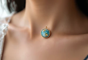 A tiny Earth in subtle sky blue and seafoam green is encased in a thin gold ring like a pendant. tattoo idea