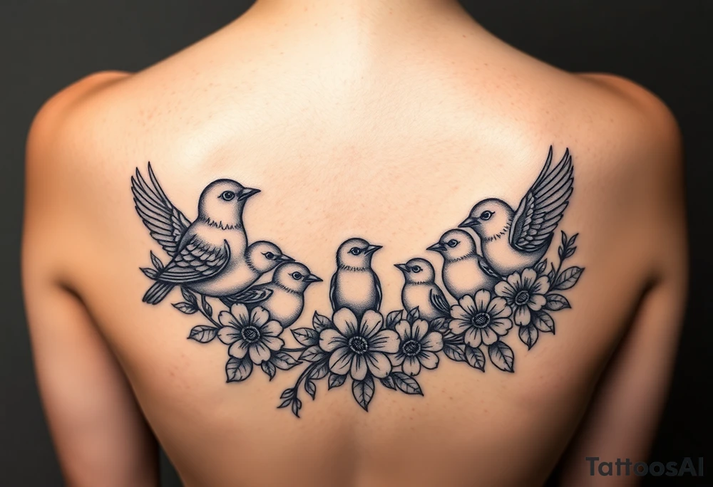 Mom bird and three baby birds with flowers tattoo idea