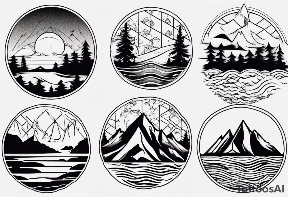 mountains, beach, waves, sunset, trees tattoo idea