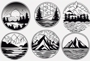 mountains, beach, waves, sunset, trees tattoo idea