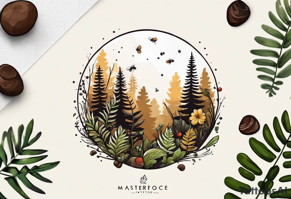 minimalistic forest floor inspired tattoo, which includes grass, moss, curly ferns and dead leaves as the bulk of the tattoo. details to include: forest berries, couple of very small brown mushrooms, a tiny bumblebee flying nearby tattoo idea