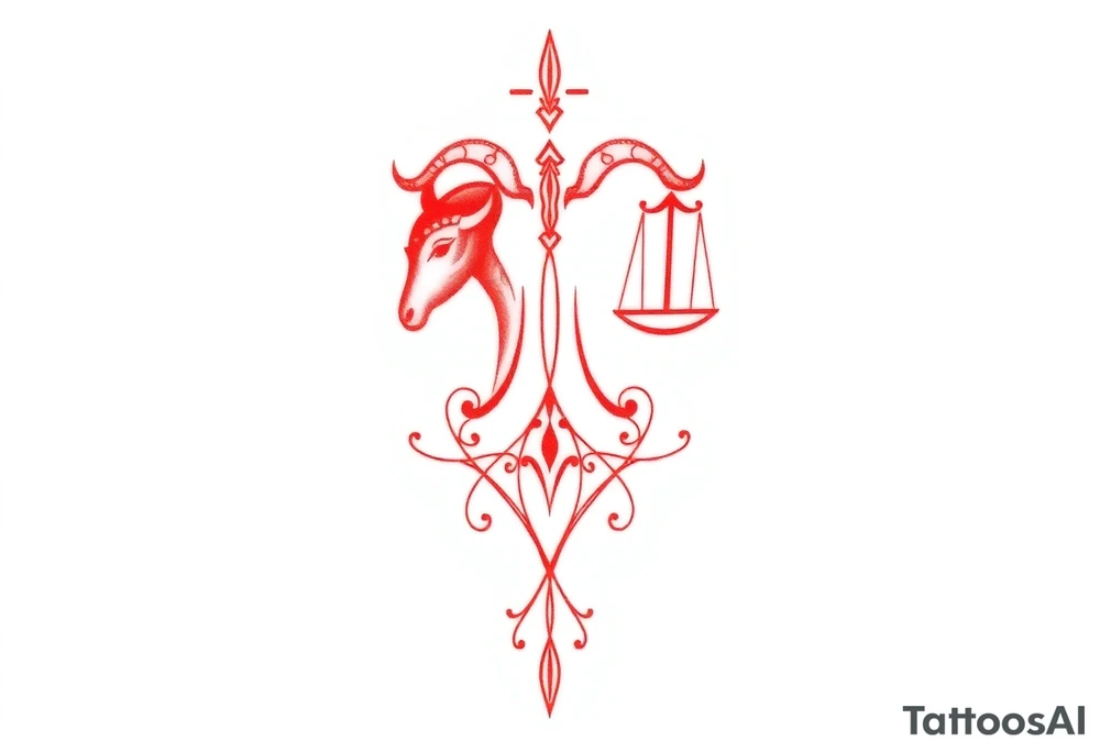 Tattoo that combines the star sign Taurus and Libra ,in red , down the spine tattoo idea