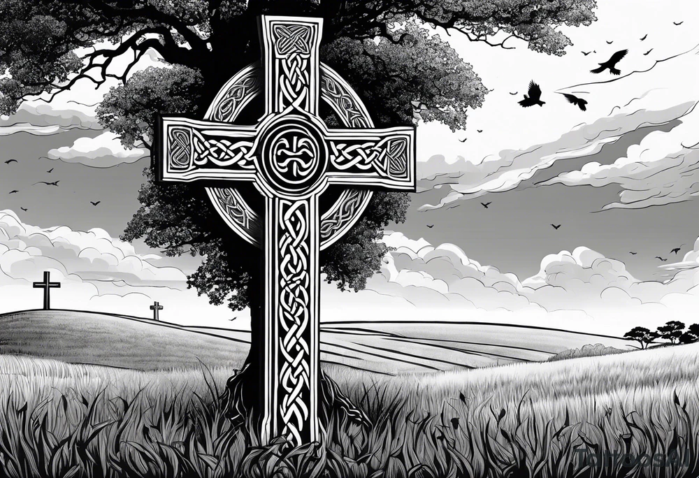A stone Celtic cross, standing alone in a field, with a raven perched on the arm of the cross tattoo idea