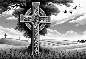 A stone Celtic cross, standing alone in a field, with a raven perched on the arm of the cross tattoo idea