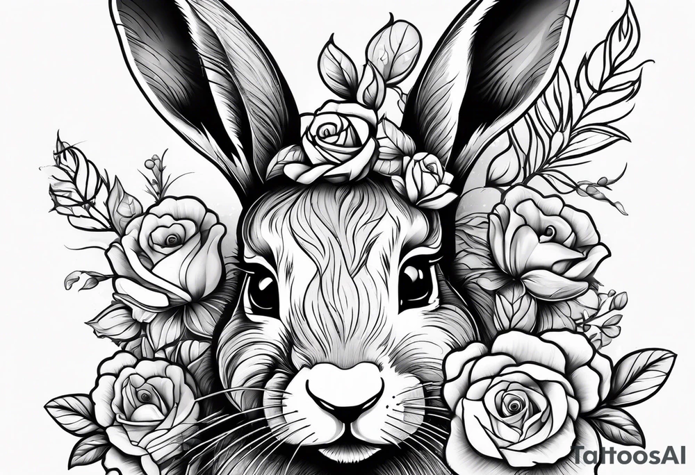 Rabbit head and flowers tattoo idea
