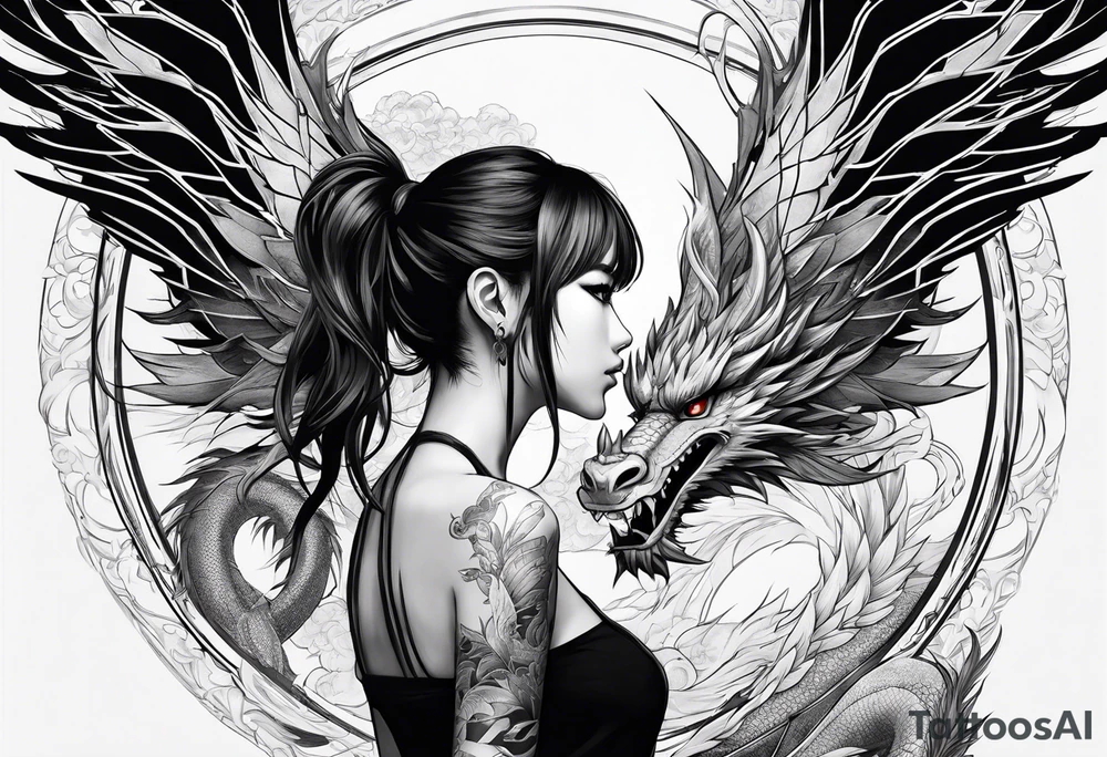 a full shot of an anime girl seen from far, surrounded by asian dragon with wings tattoo idea
