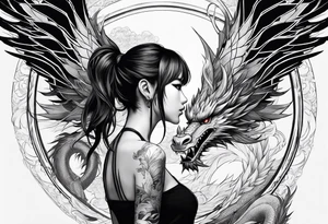 a full shot of an anime girl seen from far, surrounded by asian dragon with wings tattoo idea