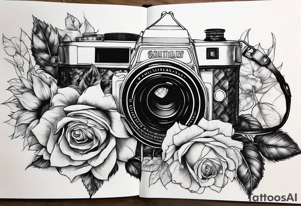 sunflower, camera, flower rose , book tattoo idea
