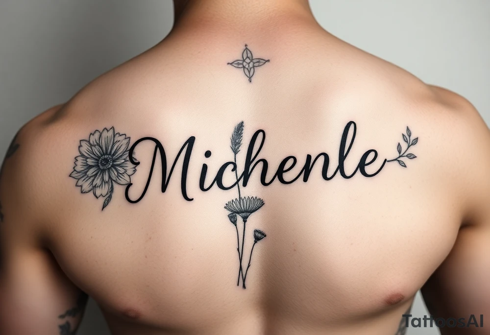 Create a tattoo on a man’s chest of the name Michelle. Wildflower theme tattoo idea
