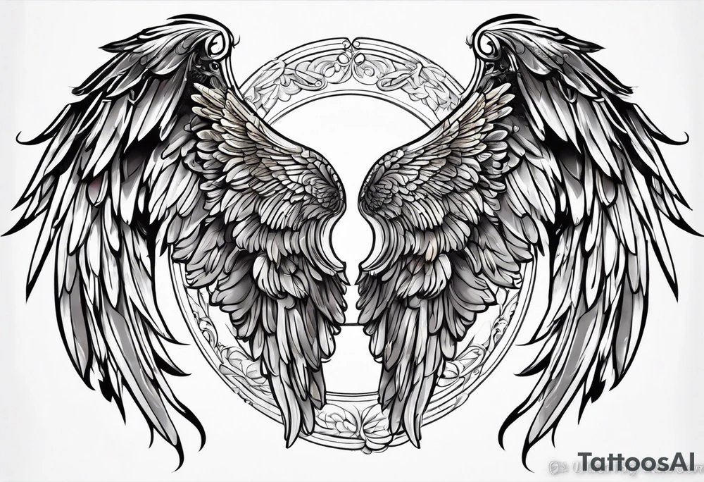 beautiful angel wings. with flilgree in the background tattoo idea