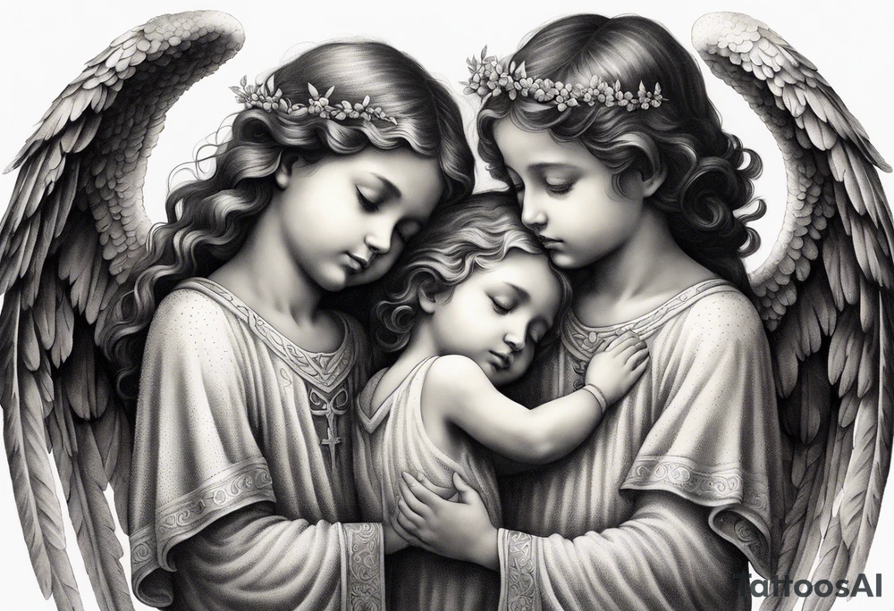 three angels praying together. The two boy angels are on either side of the girl angel, with their wings gently enfolding her in a protective embrace tattoo idea