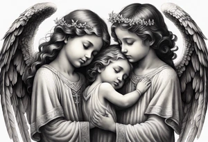 three angels praying together. The two boy angels are on either side of the girl angel, with their wings gently enfolding her in a protective embrace tattoo idea